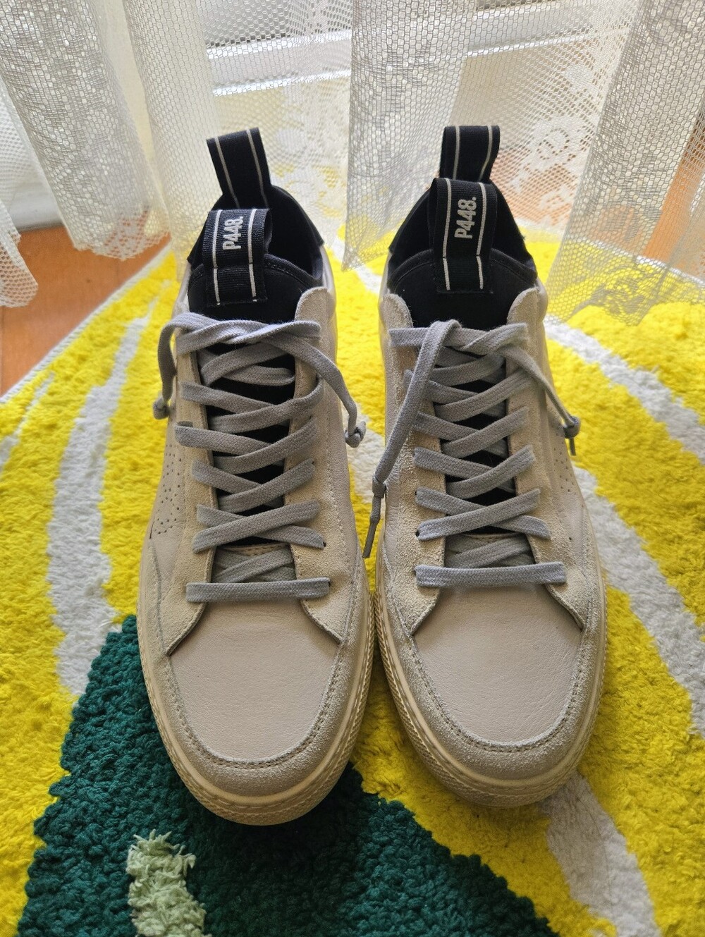 P448 Leather Suede Sohosocks Sneakers White & Black Lace Up Lowtops Cement Sz 42